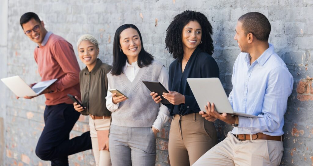 Diversity, recruitment or startup people for marketing agency interview on tech waiting for recruit